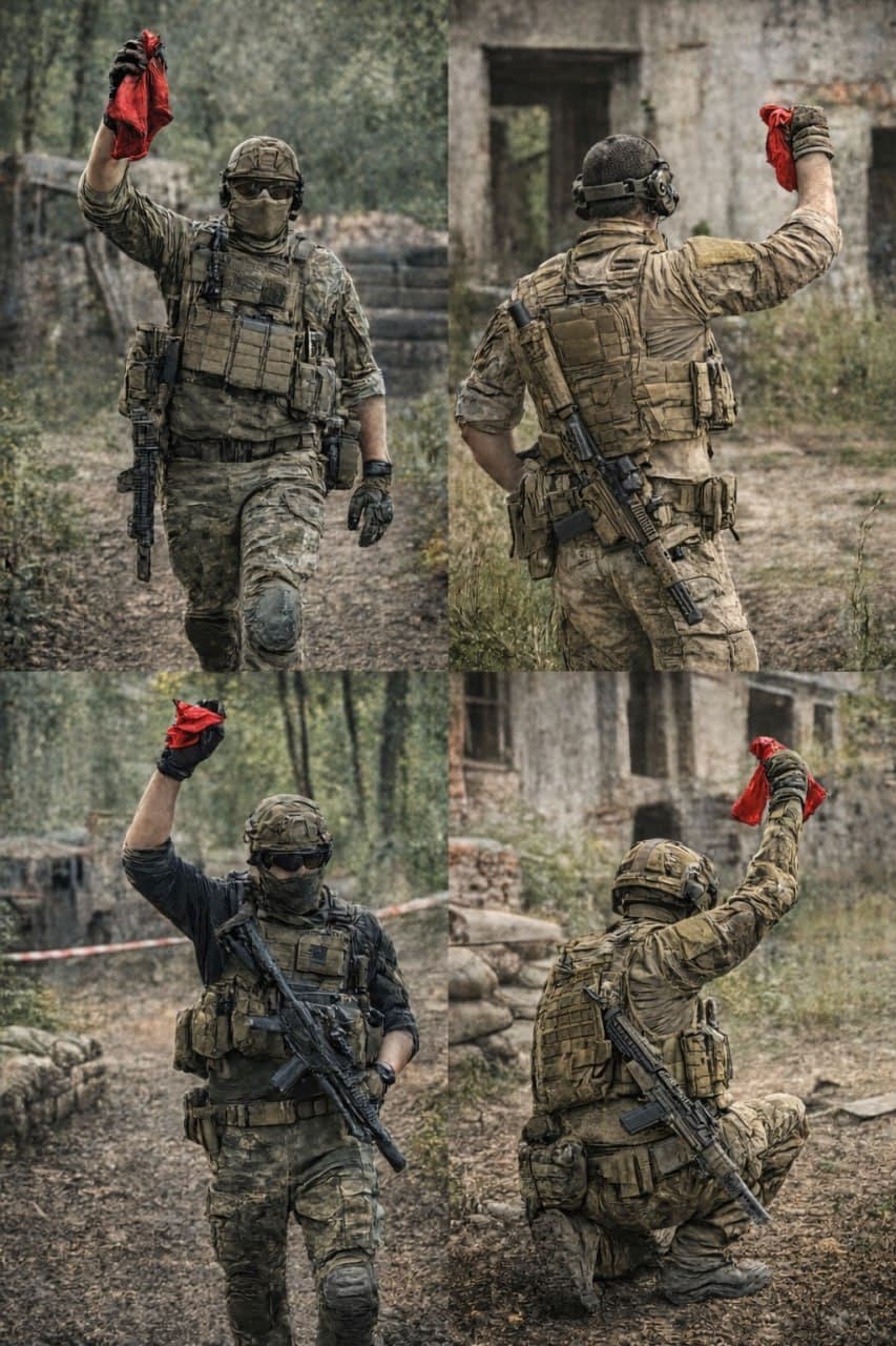 Пример поражённого игрока в красной повязке в страйкболе