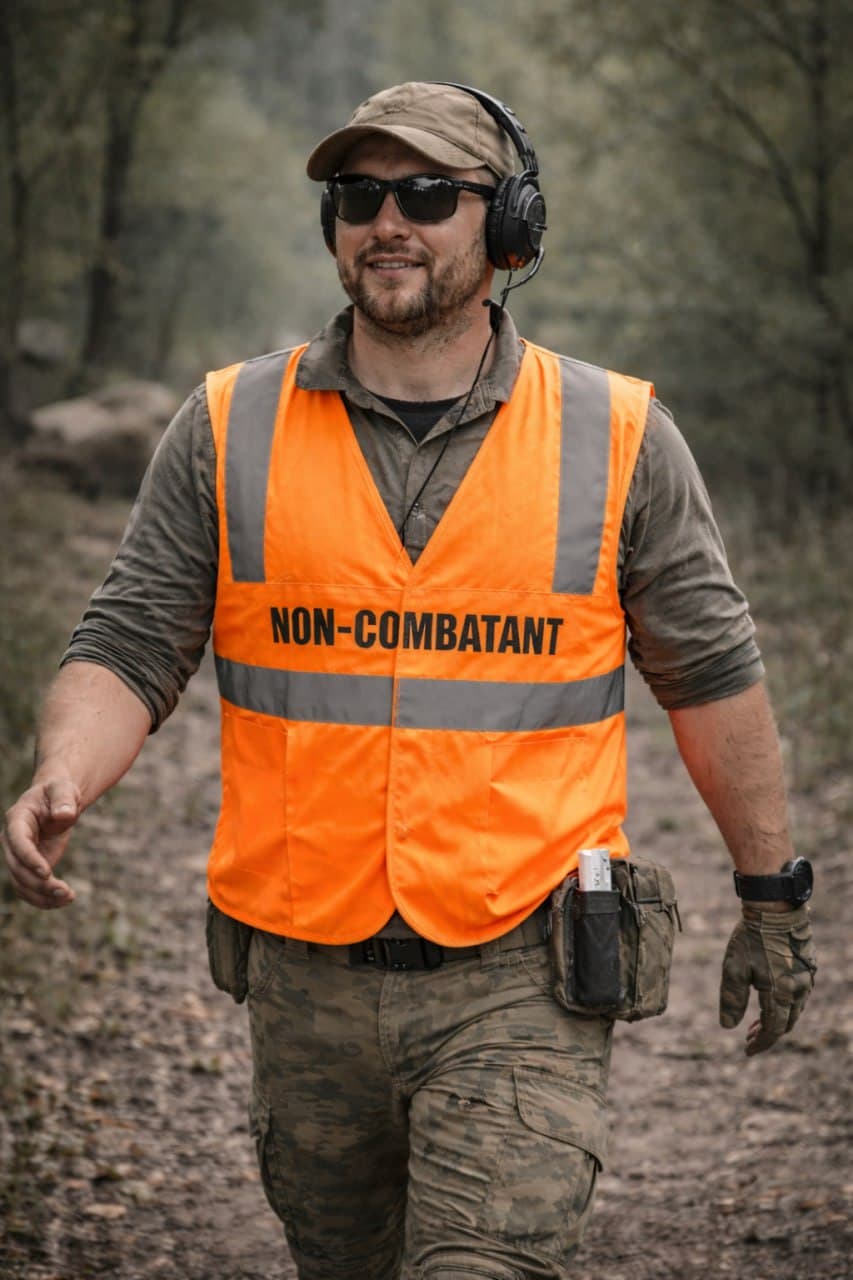 Некомбатант в ярком оранжевом жилете на страйкбольной игре